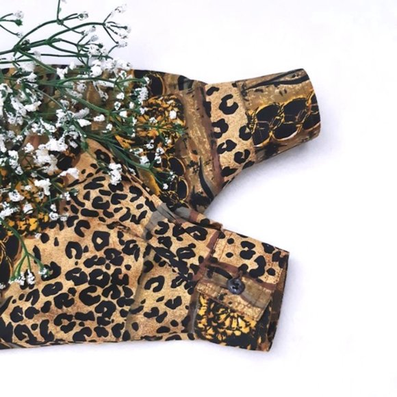 GIOVANNI 100% Silk Blouse Brown Black Leopard Print Oversized Collar L-Sleeve - Picture 8 of 13